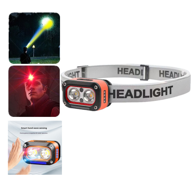 Dual Light Source Yellow and Red LED Headlamp, Hand-wave Sensor, Multifunctional USB Rechargeable Head-mounted Work Light