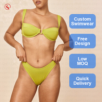 Meilleure Vente Ensemble Bikini Côtelé Personnalisable avec Logo pour Femme, Vert Citron, Haut Balconnet à Armatures, Maillot de Bain Taille Haute à Nouer au Dos