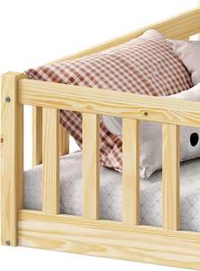 Estructura de Cama Completa a Nivel de Suelo para Niños Pequeños, Estructura de Cama Montessori de Madera de Perfil Bajo Tamaño Full con Barandal y Puerta - Product Image 3
