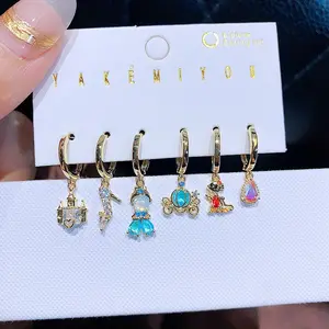 Cheap Wholesale Halloween Jewelry Real Gold Plated Colorful Zircon Fairy High Heel Princess Earrings Set