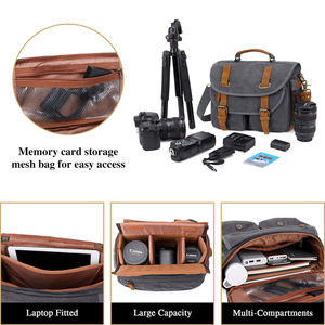 Sac à bandoulière en toile et cuir de vache pour appareil photo, sacoche pour accessoires de photographie, étuis d'appareil photo - Product Image 3