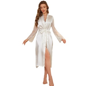 Đen ren Rỗng ra nữ Kimono áo choàng tắm đồ ngủ đồ lót sexy mượt satin áo choàng váy phụ nữ Gown loungewear - Product Image 6