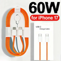 Chargeur rapide 60W PD pour iPhone 17 Pro Max, câble tressé en nylon orange USB-C vers Type-C pour iPhone 16 15 Plus, charge rapide