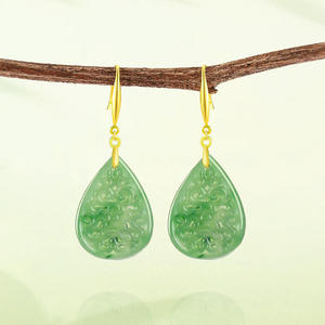 Boucles d'oreilles en jaspe goutte d'eau de jade naturel de Hotan, argent S925, design original ajouré, style chinois, bijoux pour femmes D949 - Product Image 1