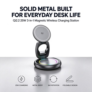 Cargador Inalámbrico Qi2.2 de 25w, 3 en 1, Carga Rápida Magnética, Aleación de Zinc, Rotación de 360°, Plegable, Portátil, con Logotipo Personalizado - Product Image 1