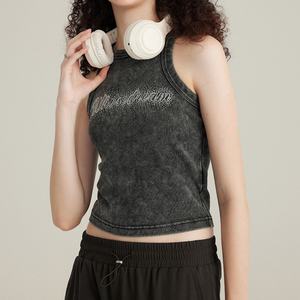 High Quality Breathable Eco-Friendly Rhinestone <b>Racer</b> <b>Back</b> <b>Vest</b> 100% Organic Cotton Sleeveless Vintage Washed Tank <b>Top</b> for Woman - Product Image 4