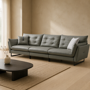 โซฟาหนังหุ้มเบาะพนักพิงแบบ Channel Tufted พร้อมที่วางแขนบุนวม ขาโลหะทรงเพรียวบาง สไตล์อิตาเลียนมินิมอล สำหรับห้องนั่งเล่น โรงแรม ห้องนอน - Product Image 3