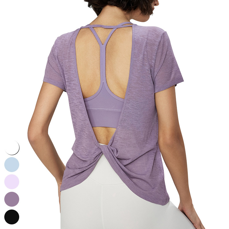 Wholesale Womens Clothing Breathable Cross Backless Fitness Tshirt Loose Casual Short Sleeve Yoga Smock Top Women Sports T Shirt