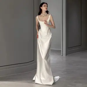 Wedding dress temperament satin 2023 new go-out yarn white suspender simple bride engagement temperament dress skirt