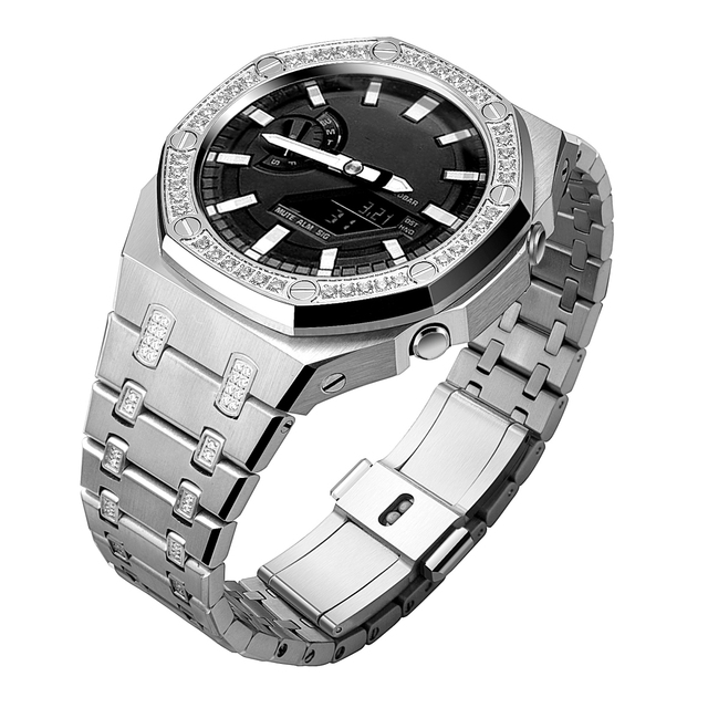 Factory Direct Shipping Modified Half Diamond Metal Luxury 316L Stainless Steel Watch case with Band for g Choc 2100 Mod Kit