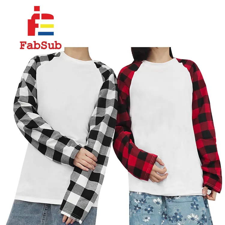 New Custom Brand Christmas T shirt Long Sleeve Raglan Shirts for Women 100% Polyester Sublimation Buffalo Plaid Sleeves Shirts