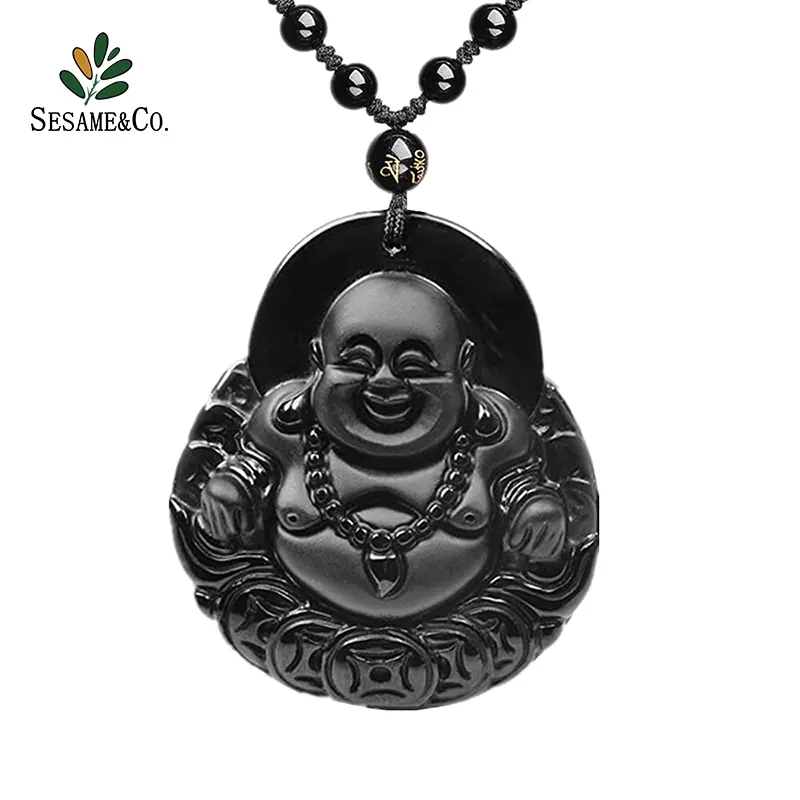 Jade Buddha Pendant Kalung Amulet Maitreya Buddha Black Agate Jade untuk Menarik Kekayaan Tren Agama Cina