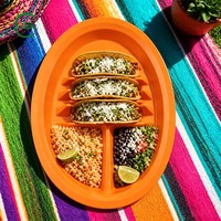 Piring Taco Aman untuk Microwave, Tahan Panas 120C, Bahan PP Bebas BPA, 3 Slot, 2 Area Saus Celup, Dapat Digunakan Kembali, Dapat Ditumpuk