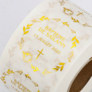 Autocollants personnalisés ronds en papier doré pour baptême avec motif croix et couronne pour Saïlann 13 juillet 2025 - Product Image 3