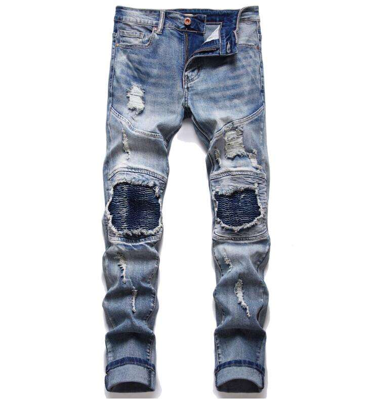 Men's Ripped Skinny Jeans Slim Locomotive Hole Pencil Pants Zipper