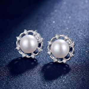 S925 <b>Silver</b> Freshwater <b>Pearl</b> Stud <b>Earrings</b> CZ Flower Halo Frame Elegant Jewelry Gift for Women Brides - Product Image 4