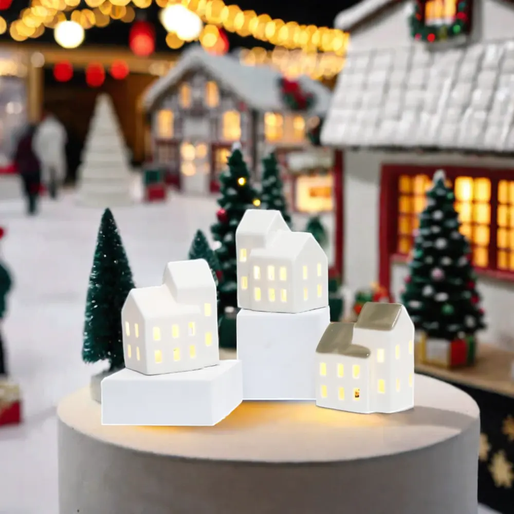 Noel tatili dekorasyon ve şenlikli kutlamalar için LED ışıklı seramik seramik karo 'ev' modeli