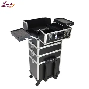 4 in 1 Aluminum Professional Case Black Makeup Beauty Cosmetic Case Vanity Trolley Box Nail Hairdresser Storage 4 Wheels