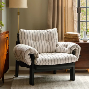 Fauteuil rayé en tissu de style français, structure en bois massif, housse amovible, chaise de salon - Product Image 1