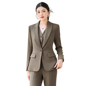 Women's Gray Three-Piece Suit Set With Vest And Blazer Full Sleeve Autumn Office Lady Workwear Anti-Wrinkle Polyester Worsted - Product Image 5