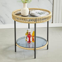 Table d'appoint ronde en rotin PE résistant aux intempéries, table à thé de loisirs à 2 niveaux avec rangement et plateau en verre, pour intérieur et extérieur