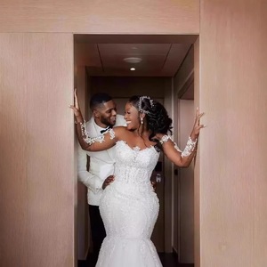 Off Shoulder Long Sleeve Mermaid Wedding Dress Sweetheart Neckline <b>White</b> <b>Lace</b> Bridal Gown Natural Waist Slim Fit - Product Image 4