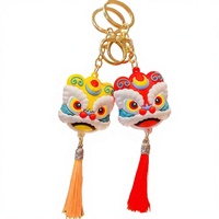 Porte-clés Lumineux Tête de Lion Style Chinois 3D en Caoutchouc Écologique Durable avec Impression UV et Pompon Danse du Lion, Pendentif de Voiture pour le Nouvel An