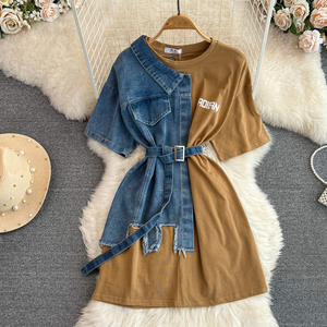 Nouvelle mode, col rond, couleur contrastée, hauts décontractés pour femmes, robes <span class=keywords><strong>en</strong></span> <span class=keywords><strong>jean</strong></span>, t-shirts - Product Image 3