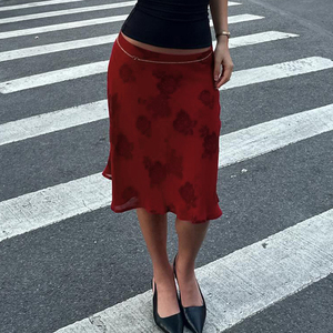 Jupe midi pour femme en maille extensible, imprimé roses, respirante, à volants, taille naturelle, élégante, pour les vacances et les soirées - Product Image 4