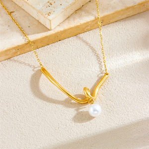 V-Shaped Pearl Pendant Gold Plated Chain Necklace Geometric Design Everyday Wear - Product Image 1