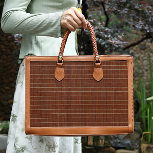 Bamboo Woven Tote <b>Bag</b> Vintage Chinese Style Handmade Brown Solid Color Women's <b>Bag</b> - Product Image 2