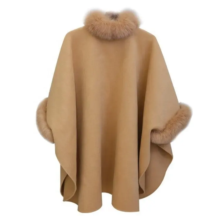 wholesale custom warm cashmere poncho with trim for ladies women faux fur wool shawl