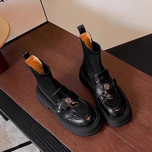 Bottines à chaussettes extensibles de luxe pour femmes, bottines à plateforme rétro polyvalentes de haute qualité, bottines à la mode britannique - Product Image 5