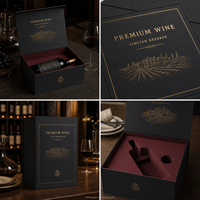Boîte à vin verticale empilable à compartiment unique, surface noire mate texturée, avec coussin en soie bordeaux, pour la livraison de vin en e-commerce en ligne