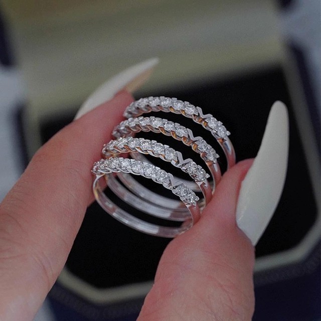 S925 Sterling Silver Rhodium Plated Chevron V Shape Half Eternity Stackable Ring, Cubic Zircon Paved Dainty Women Rings