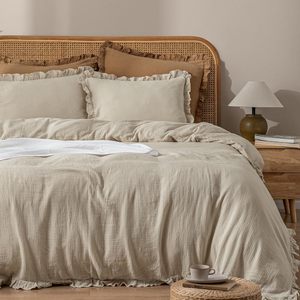 Lujoso juego de funda nórdica de 3 piezas de muselina de algodón 100%, bordes con volantes <span class=keywords><strong>Beige</strong></span>, suave y transpirable para decoración elegante de dormitorio - Product Image 1