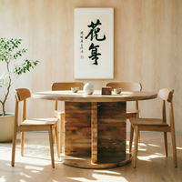 Table à manger ronde moderne en marbre travertin beige à base superposée, 8 places, pour salles à manger à thème naturel