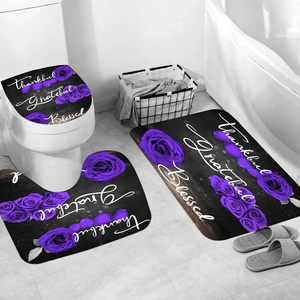 4Pcs Purple Rose Sets d'accessoires de salle de bain Thankful Grateful Blessed Bathroom Romantic Showy Floral Wedding Decor en stock - Product Image 2