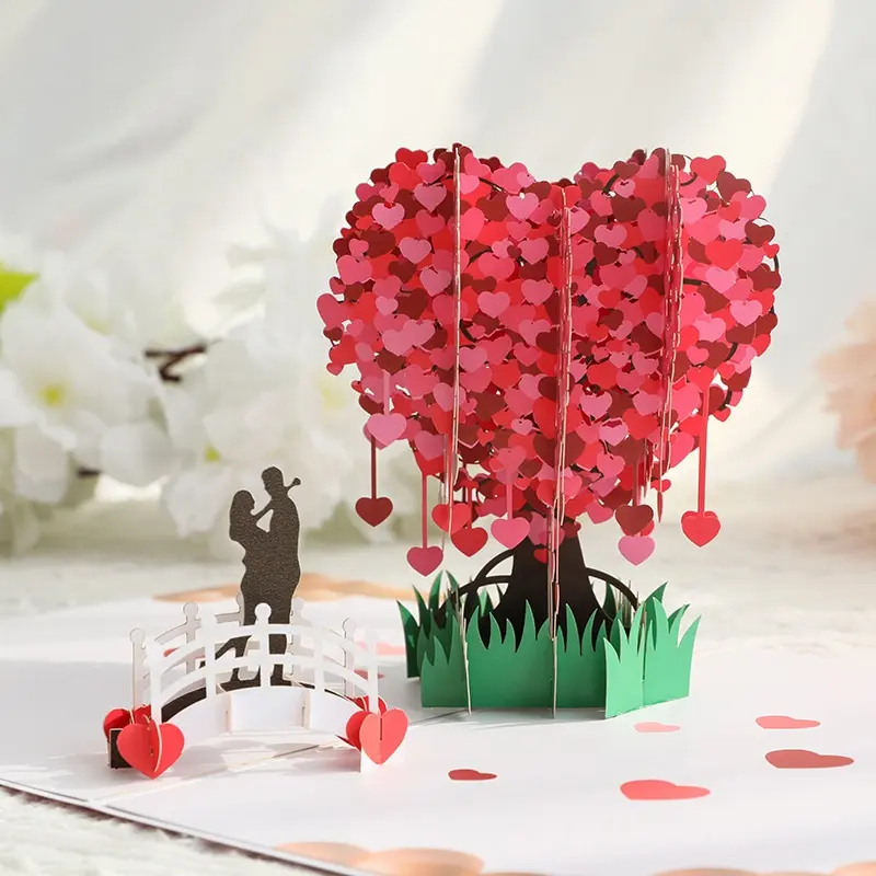 Yeni tasarım çift altında kalp ağacı Pop Up kartları el yapımı 3D tebrik kartı düğün sevgililer günü