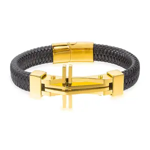 Wholesale 18K Gold Plated Stainless Steel Male Trendy Jewelry Verified Supplier Braided Leather Bracelet