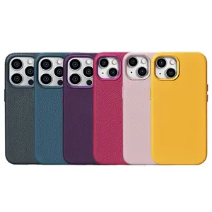 Luxury Litchi Pattern Real Leather Cellphone Cases Premium Pebble Leather Protective Back Cover Case for iPhone 15 Pro