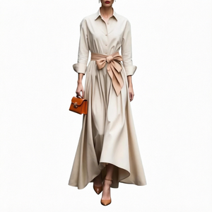 Robe trapèze élégante et ajustée pour femme, nouvelle collection printemps 2026, unie, respirante, à col revers et manches longues, vente en gros pour boutiques - Product Image 2