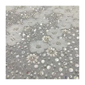 Embroidery grid 3D floral embroidery white pearl beaded sequined french lace mesh tulle fabric for wedding party dress