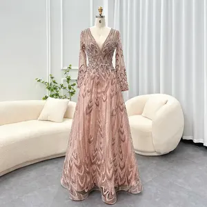 Luxury Beaded Muslim Pink Evening Dresses 2023 Elegant Sage Green Plus Size Woman Wedding Formal Party Gowns Sz033