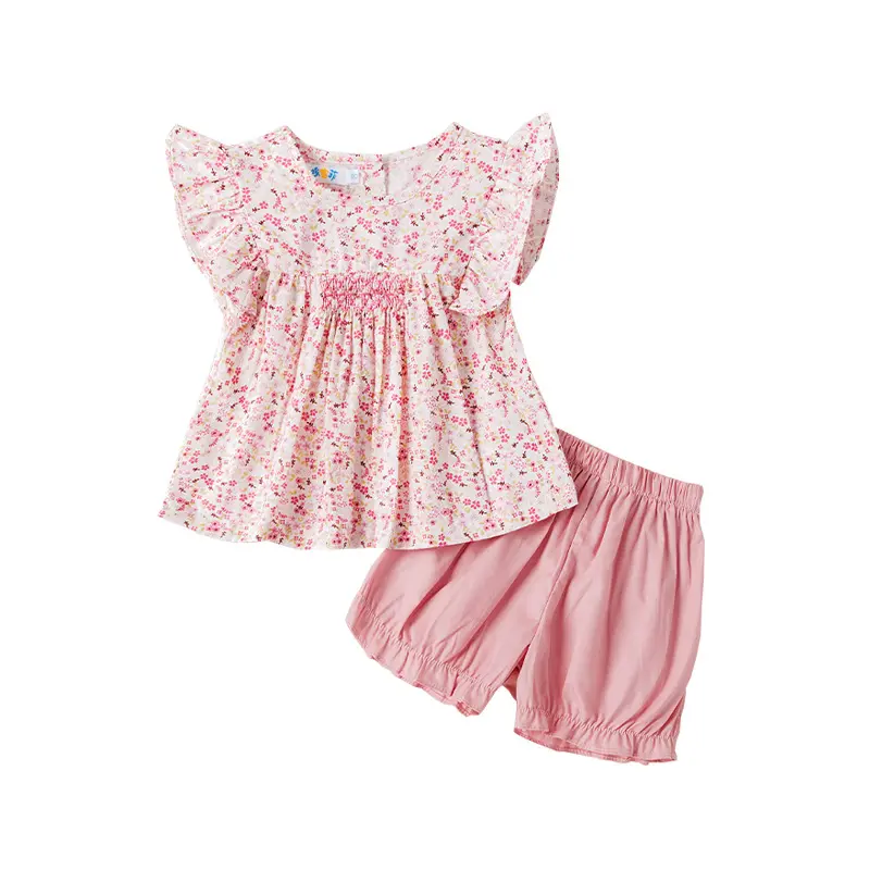 2023 New Design Kids Spring Summer Wear Floral Print Cotton Baby Shirt +Bloomer 2 pieces outfit Smocked Girls Clothing Sets