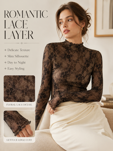 Maglietta intima da <span class=keywords><strong>donna</strong></span> in pizzo con maniche lunghe, collo alto, traforata, adatta per lavoro, appuntamenti, spostamenti quotidiani - Product Image 4