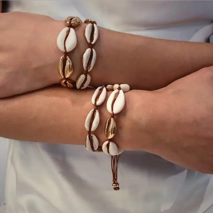 2 stks/set Gepersonaliseerde Creatieve Handgemaakte Natuurlijke Seashell Hand Knit Armband Shell Armbanden Vrouwen Accessoires Mode-sieraden