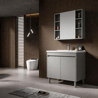 Meuble-lavabo suspendu avec étagères ouvertes et porte coulissante, armoire de rangement murale, mobilier de salle de bain moderne et minimaliste