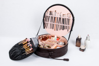 Organisateur de rangement en cuir PU, nouvelles trousses de maquillage rondes pour les voyages avec plateau en plastique, trousses de maquillage portables, étui à maquillage avec miroir