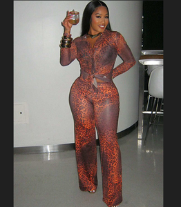 Ghh10158-<span class=keywords><strong>2025</strong></span> Bộ Áo cardigan Hai món quần ống loe họa tiết da báo mới có cổ áo dài tay có nút - Product Image 2